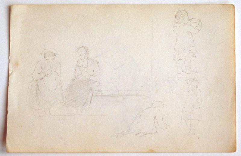 Femme cousant sur un banc ; esquisse de couseuses et d'enfants, Gaston Bussière, 1880 vers