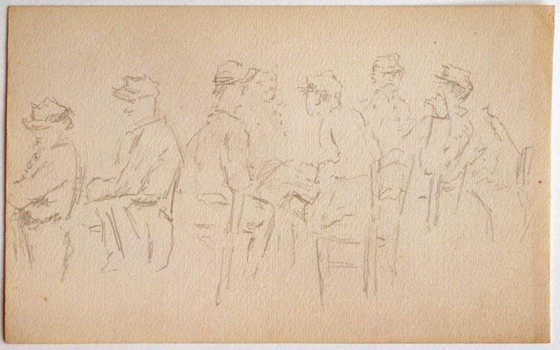 Etude : 7 soldats assis (recto) ; Esquisse : une jambe et un visage masculin (verso), Gaston Bussière, 1880 vers