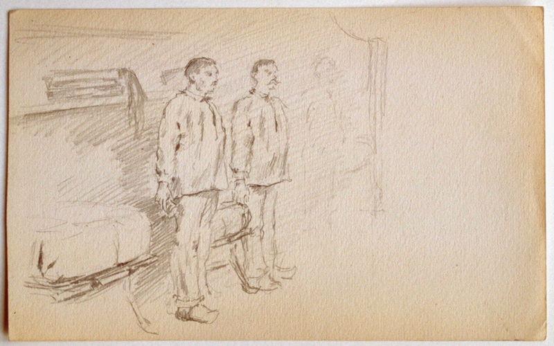 Deux soldats en chambrée au garde à vous, Gaston Bussière, 1880 vers