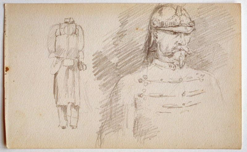 Soldat en pied sans tête ; Une étude de militaire en buste ; deux soldats campés à l'entrée d'une caserne, Gaston Bussière, 1880 vers