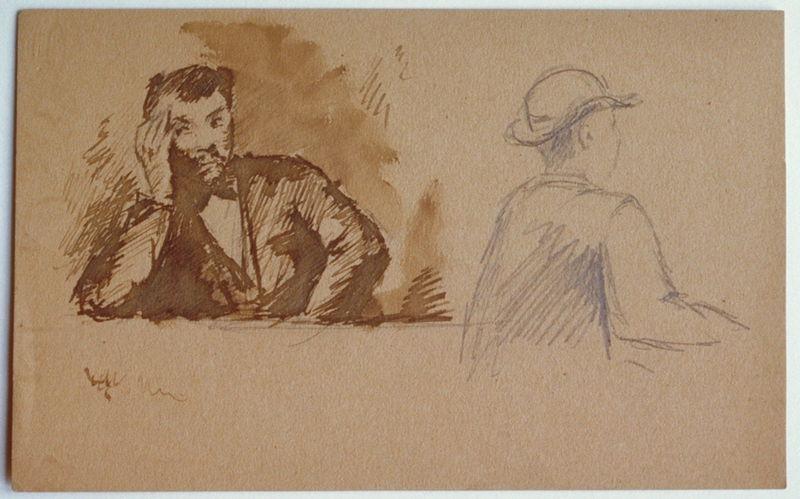Deux bustes d'hommes (recto) ; esquisse : homme allongé (verso), Gaston Bussière, 1880 vers