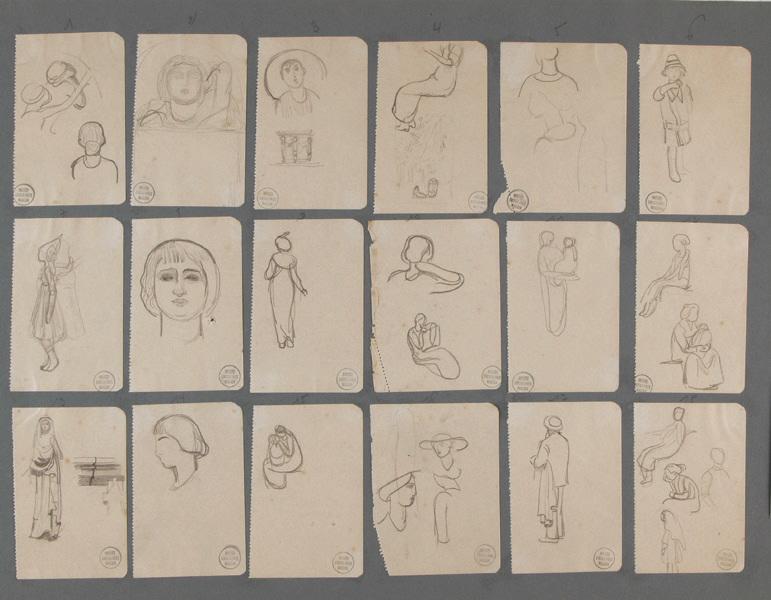 Dix-huit croquis de figures (Dessins collés sur la même feuille.), Georges Mathey, 1er quart 20e siècle
