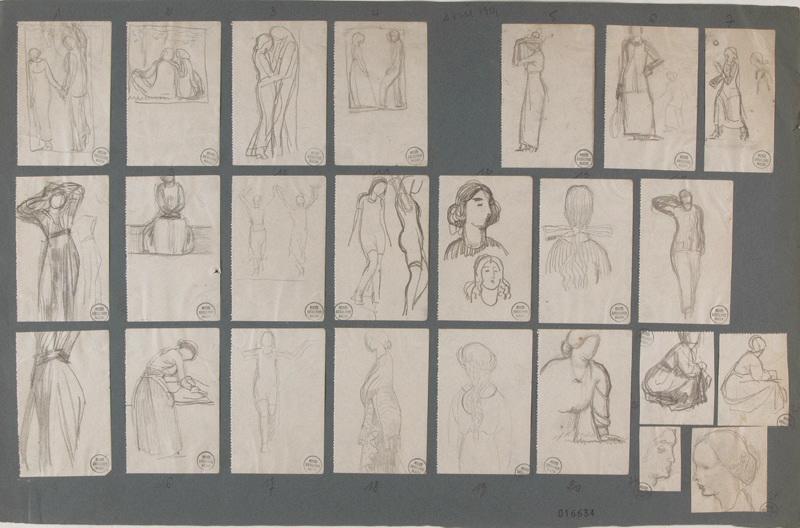 Vingt-quatre croquis de figures (Dessins collés sur la même feuille. Feuille datée 'Avril 1914'), Georges Mathey, 1er quart 20e siècle