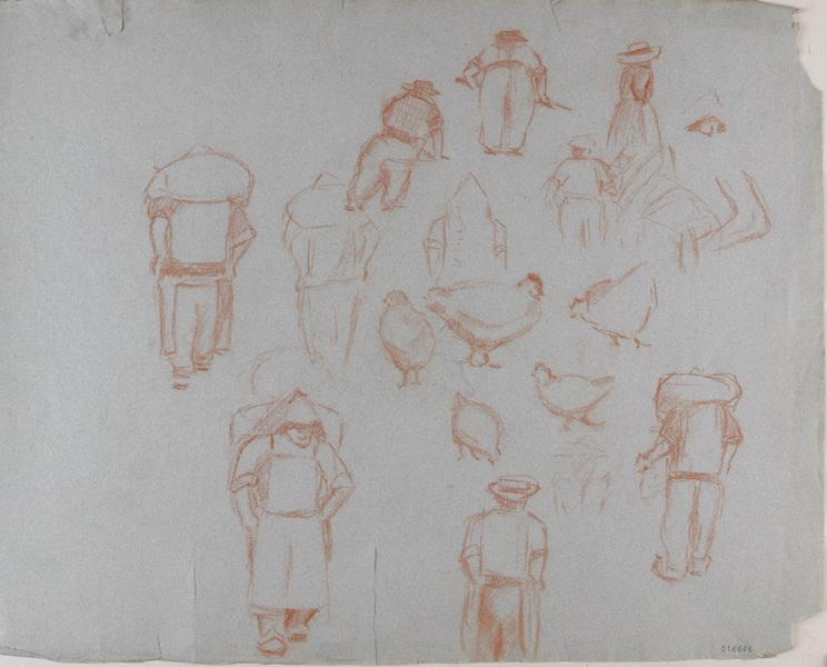 Etudes diverses : Hommes portant une charge sur le dos et poulets, Georges Mathey, 1er quart 20e siècle