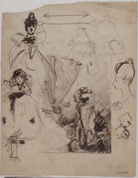 Esquisses de femmes (au recto) ; Esquisses de personnages et projet de programme pour Rigolards Danseurs (au verso), Georges Mathey, 1er quart 20e siècle