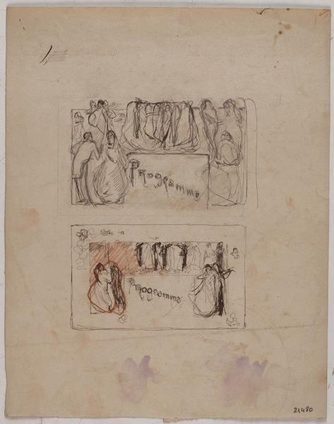 Projet de programme (au recto) ; Esquisses de têtes de femmes (au verso), Georges Mathey, 1er quart 20e siècle