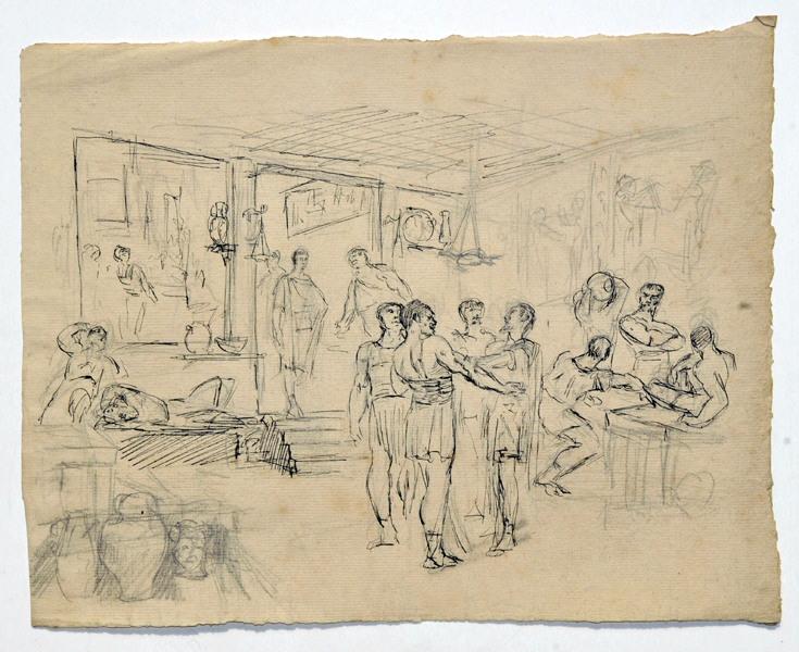 Scène antique : Romains dans une taverne, Gaston Bussière, 4e quart 19e siècle, 1er quart 20e siècle