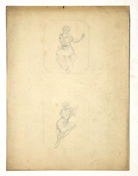 Au recto, deux études de muses dans des médaillons ; Au verso, carroyage, Gaston Bussière, 4e quart 19e siècle, 1er quart 20e siècle