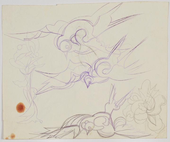 Vol de colombe, fleur fantastique et nuées (recto) ; Colombes, coq et fleurs fantastiques (verso), Johé Gormand, 3e quart 20e siècle