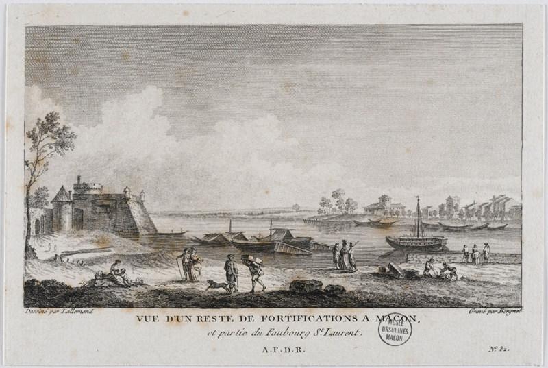 Vue d'un reste de fortifications à Mâcon, et partie du Faubourg St. Laurent, Jean-Baptiste Lallemand, 1780 vers