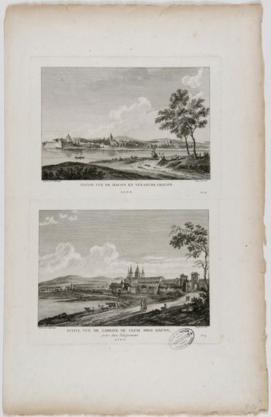 Petite vue de Macon en venant de Chalon ; Petite vue de l'abbaye de Cluni près Mâcon, prise dans l'éloignement, Jean-Baptiste Lallemand, 4e quart 18e siècle