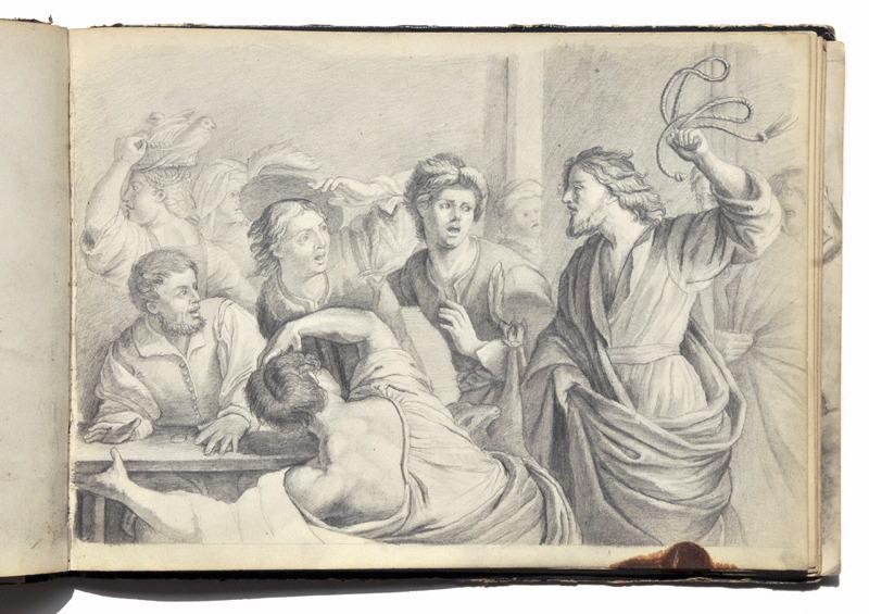 Jésus chassant les marchands du Temple d'après Bartolomeo Manfredi (Recto du feuillet) ; Etudes d'anatomie du bras (Verso du feuillet), Gaston Bussière, 1880
