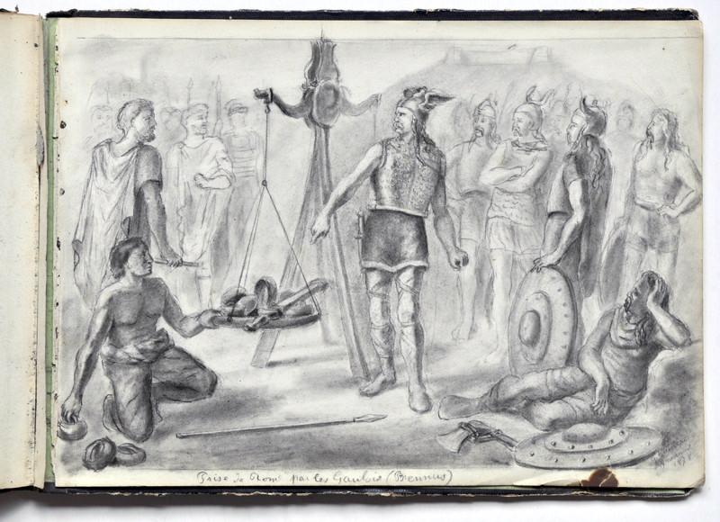 Prise de Rome par les Gaulois (Brennus) (Recto du feuillet) ; Etude d'un personnage agenouillé (en prière) (Verso du feuillet), Gaston Bussière, 1878 /11 /19