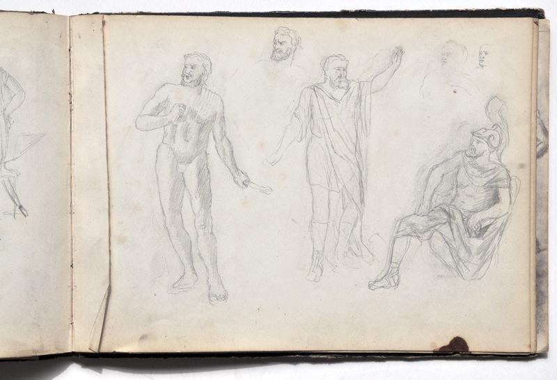 Le combat d'Hector et Achille (Recto du feuillet, études de figures) ; Trois têtes d'expression (Verso du feuillet), Gaston Bussière, 1880
