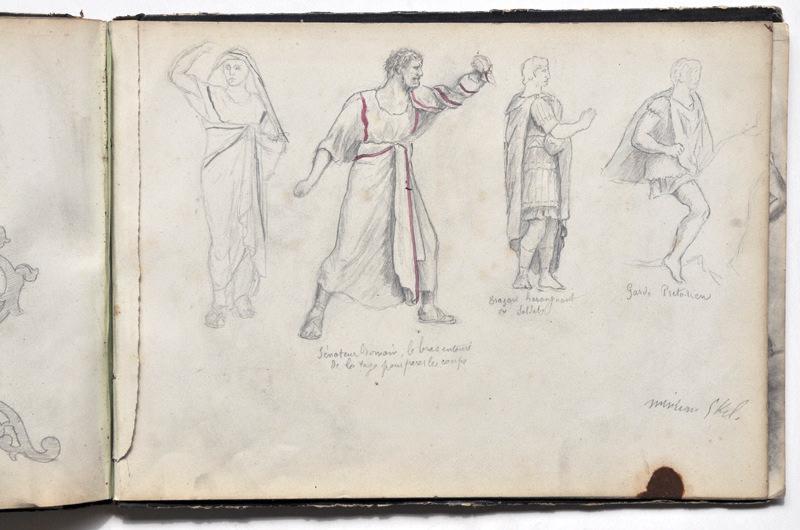 Etudes de figures : 4 romains (Recto du feuillet) ; Etudes pour Hector dégainant son arme (Verso du feuillet), Gaston Bussière, 1880