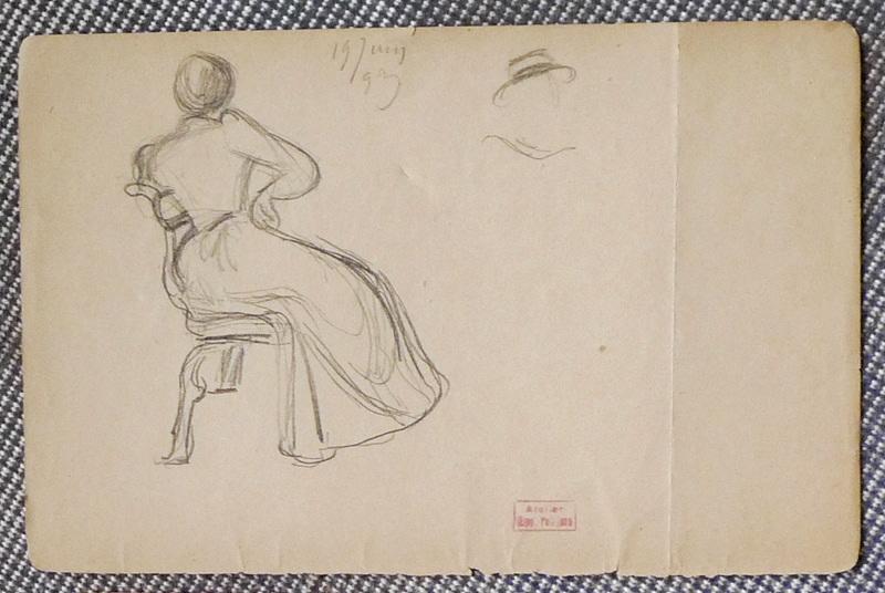 Femme assise de dos (Croquis d'une tête chapeautée en haut à droite), Hippolyte Petitjean, 1893 /06 /19