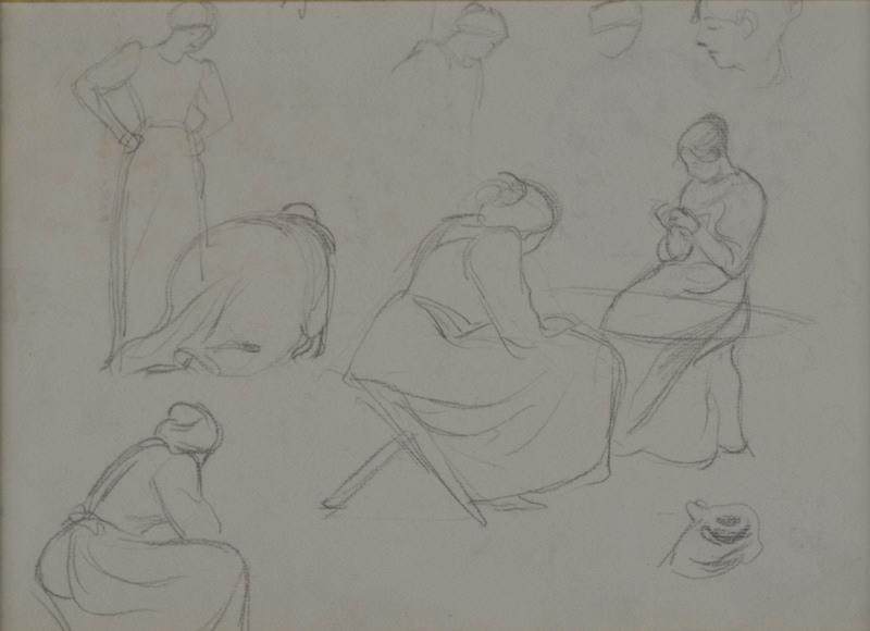 Femme à l'ouvrage (8 esquisses) (recto) ; Femme au hamac et étude de chat (verso), Hippolyte Petitjean, 4e quart 19e siècle, 1er quart 20e siècle