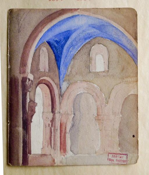 Narthex du Vieux Saint Vincent (cat Centenaire) ; Etude à 6 personnages (au verso, une esquisse représentant des saints ou des personnages sculptés tels que ceux présents sur les façades des cathédrales), Hippolyte Petitjean, 1870