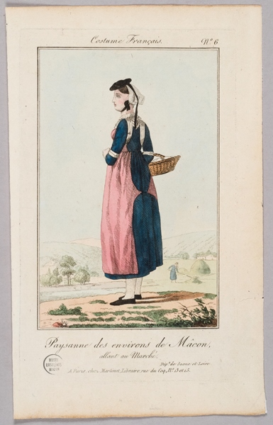 Paysanne des environs de Mâcon, allant au Marché ; Département de Saône-et-Loire ; Costume français (extrait), Aaron Martinet, 19e siècle