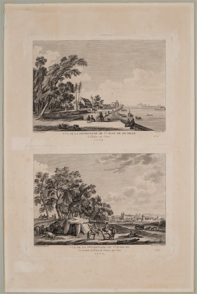 Vue de la promenade de St. Jean de Muselle à Chalon sur Sone ; Vue de la promenade de St. Marcel ou se tient la foire de Chalon sur Sone, François Denis Née, 18e siècle, 19e siècle