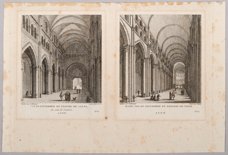 Vue de l'intérieur de l'Eglise de Cluni, du coté de l'entrée ; Autre vue de l'intérieur de l'Eglise de Cluni, Pierre-Laurent Auvray, 2e moitié 18e siècle