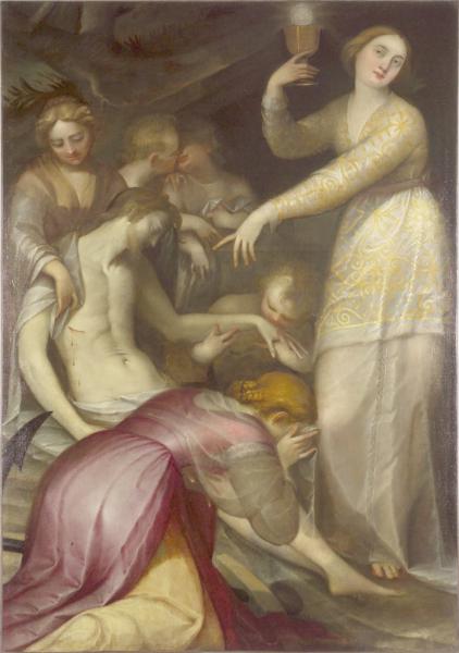 La Foi, l'Espérance et la Charité déplorant le Christ mort, Gregorio Pagani, 4e quart 16e siècle