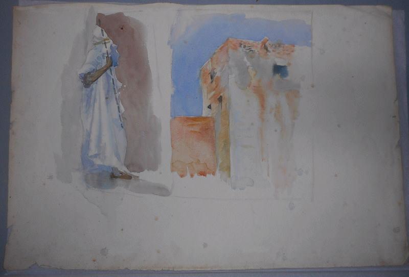Esquisse d'une personne et de maison, Tunisie ?, René Binet, 4e quart 19e siècle, 1er quart 20e siècle