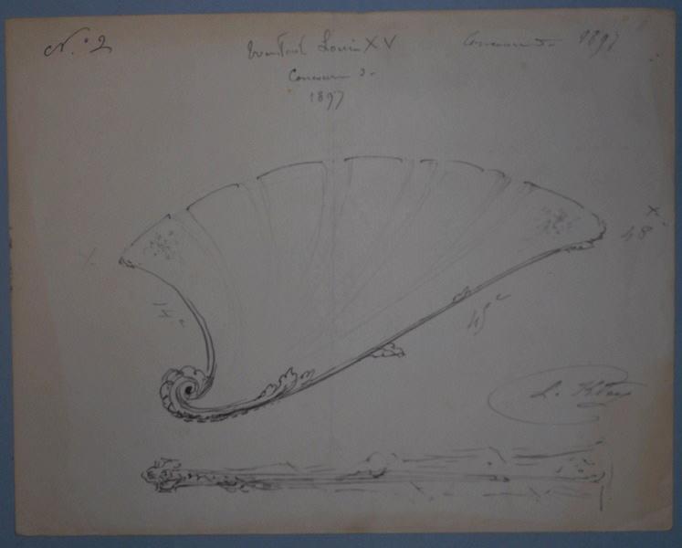Eventail Louis XV avec des mesures 14e, 45e, 45e, Louis Kley, 2e moitié 19e siècle