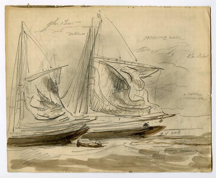Deux bateaux fasseyant au mouillage (recto) ; Etude de voiles (verso)_0