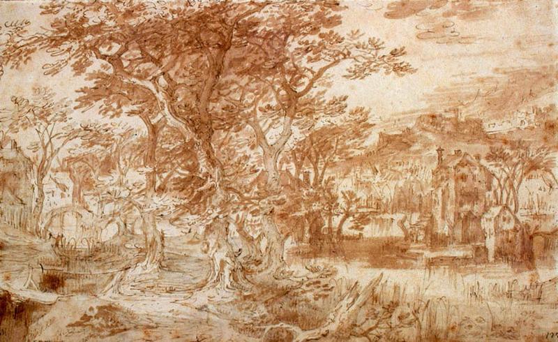 Rivière bordée d'arbres et de maisons, Gillis Claesz de Hondecoeter, 1605-1610