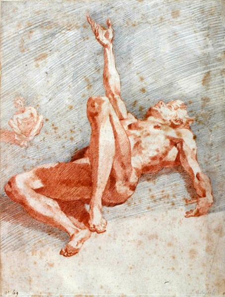 Homme nu étendu à terre, le bras droit levé, Andrea Boscoli, 4e quart 16e siècle, 1er quart 17e siècle