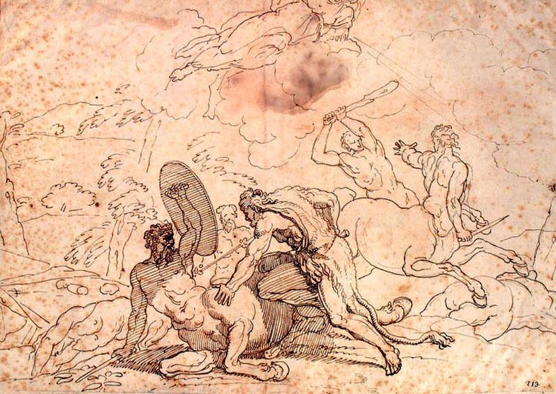 Combat de Centaures (recto) ; Jacob et Rachel (verso), Franciscus de Neve, 2e quart 17e siècle, 2e moitié 17e siècle