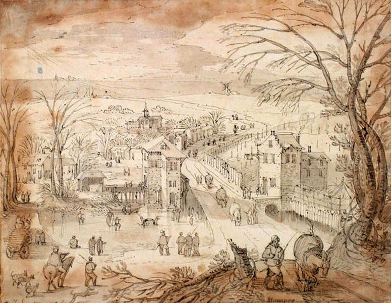 Vue de village l'hiver ; Route traversant un village, effet d'hiver_0