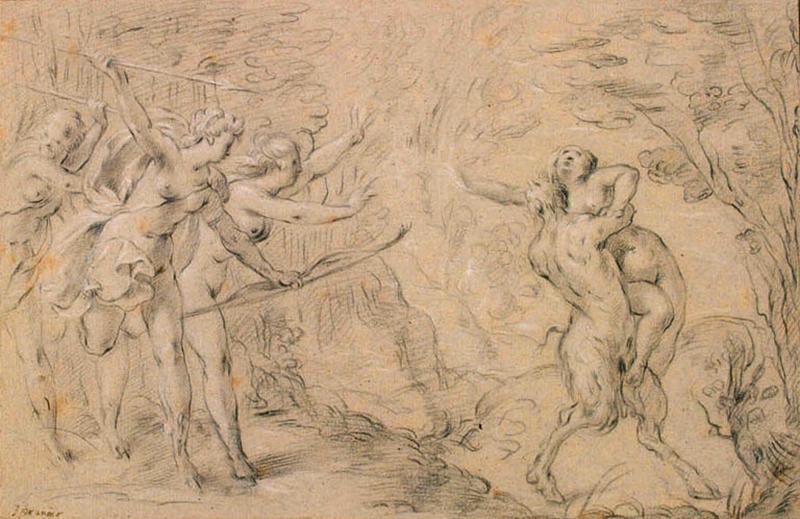 Pan et Syrinx ; Nymphes poursuivant un satyre qui enlève une de leurs compagnes, Bartholomeus Spranger, 17e siècle