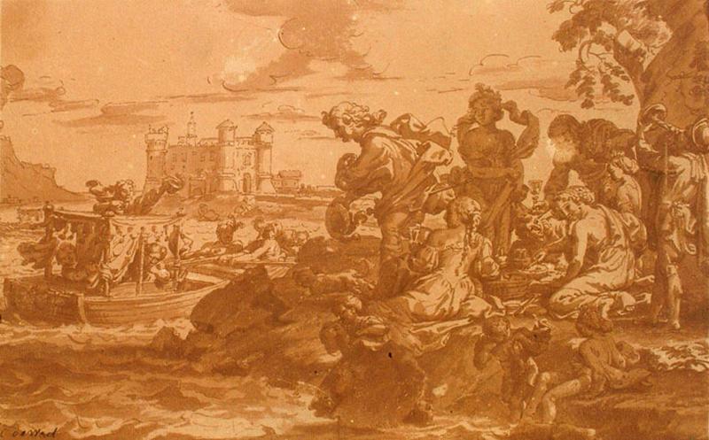 Fête ; Homme et femme regardant passer une barque, Cornelis de Wael, 17e siècle