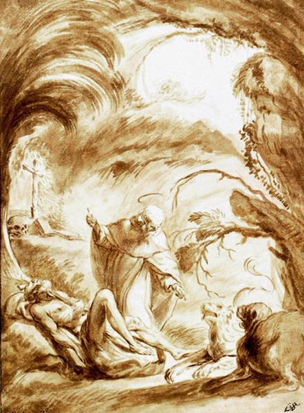 Deux lions aidant Saint Antoine Abbé à enterrer le corps de Saint Paul Ermite, Domenico Piola, 2e quart 17e siècle, 3e quart 17e siècle