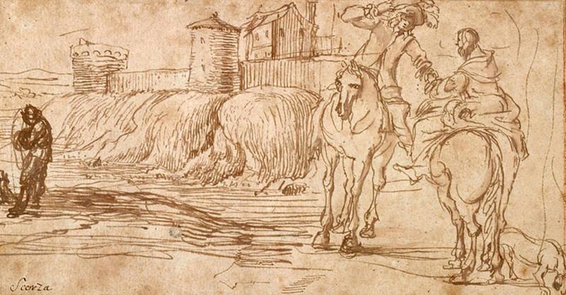 Un homme et une femme à cheval dans un paysage, Antonio Travi, 3e quart 17e siècle