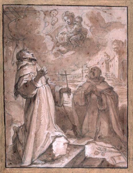 Vierge à l'enfant sur des nuages et deux saints moines_0