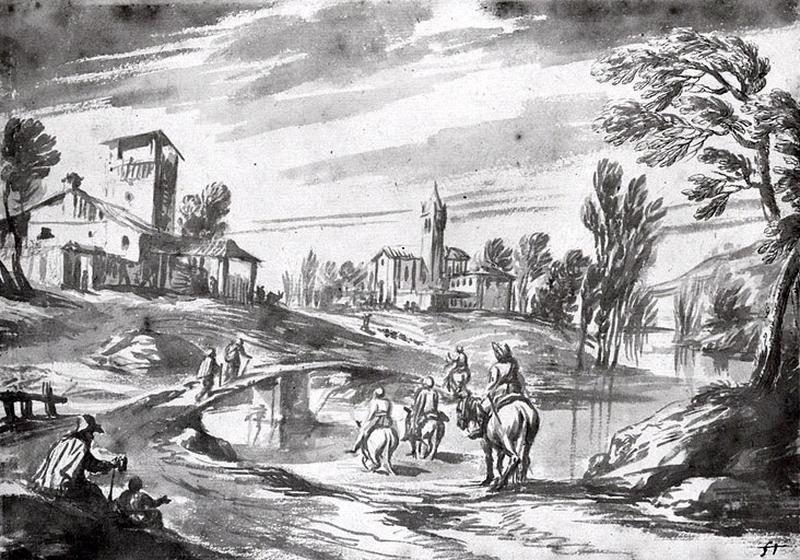 Paysage avec des cavaliers traversant une rivière, Pier Francesco Cittadini, 16e siècle