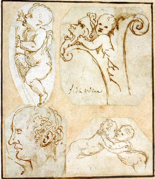 Dessins d'étude : figures et ornements, Giulio Pippi, 1ère moitié 16e siècle