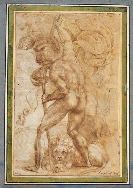 Guerrier avec un lion à ses pieds, Raffaello Santi, 1er quart 16e siècle