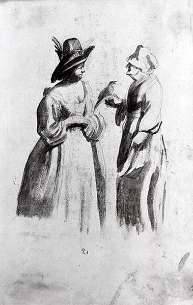 Etude de deux femmes, l'une tenant un oiseau, Gian Francesco Barbieri, 17e siècle