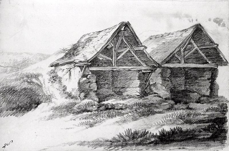 Paysage avec deux granges, Jean Baptiste Marie Pierre, 18e siècle