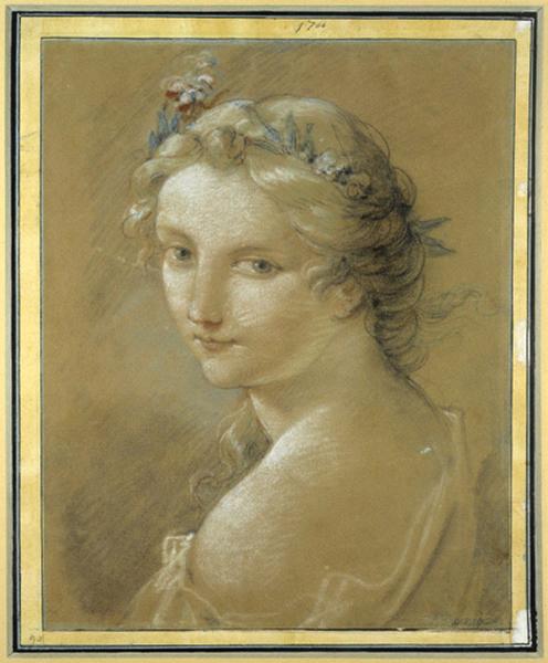Tête de jeune femme couronnée de fleurs, Charles Natoire, 2e moitié 18e siècle