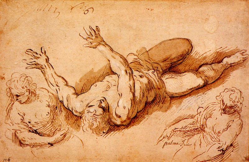 Feuille d'études : un homme couché et deux femmes, Giovane Palma, 16e siècle