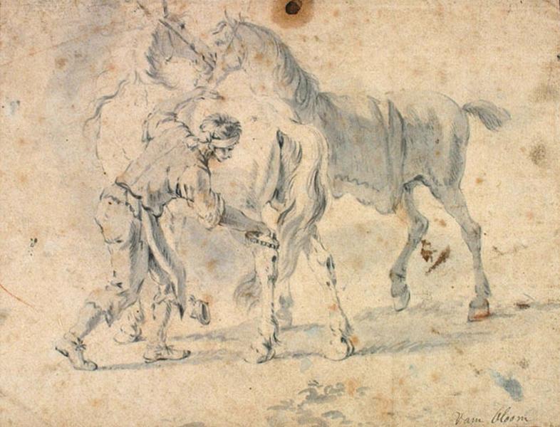 Palefrenier étrillant un cheval_0