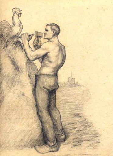 Homme à nudité sculptant un coq (Titre factice), Jean Eugène Baffier, 4e quart 19e siècle, 1er quart 20e siècle