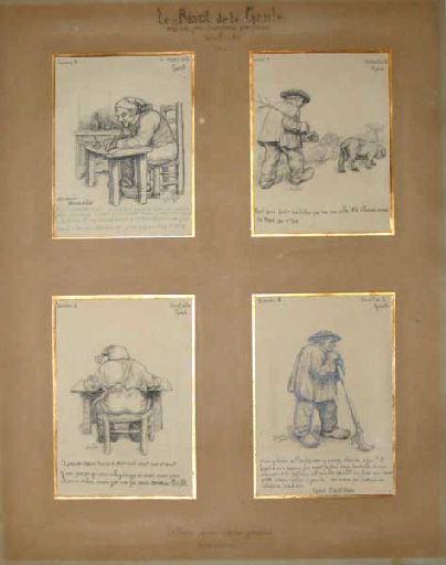 Lettres d'un vieux païsan berrichon ; Homme assis de profil (Titre factice Première vignette) ; Homme marchant avec truie (Titre factice Deuxième vignette ) ; Homme assis de dos (Titre factice Troisième vignette) ; Homme debout de profil (Titre factice Quatrième vignette)_4