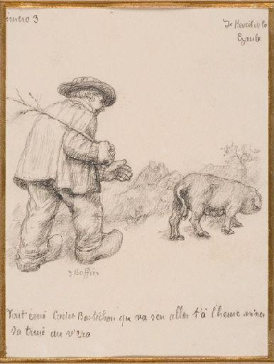 Lettres d'un vieux païsan berrichon ; Homme assis de profil (Titre factice Première vignette) ; Homme marchant avec truie (Titre factice Deuxième vignette ) ; Homme assis de dos (Titre factice Troisième vignette) ; Homme debout de profil (Titre factice Quatrième vignette)_1