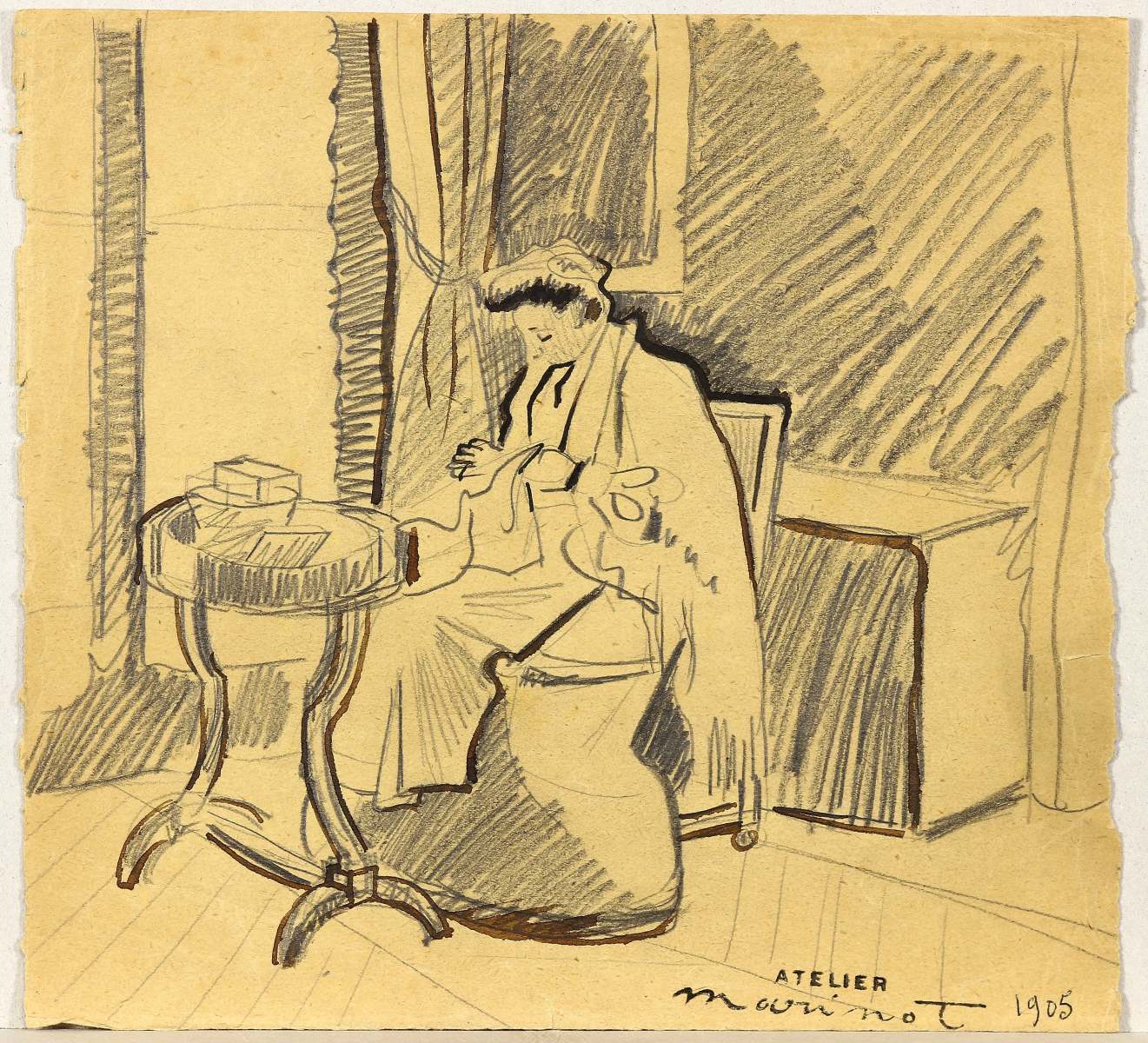 Intérieur, Hélène cousant, Maurice Marinot, 1905